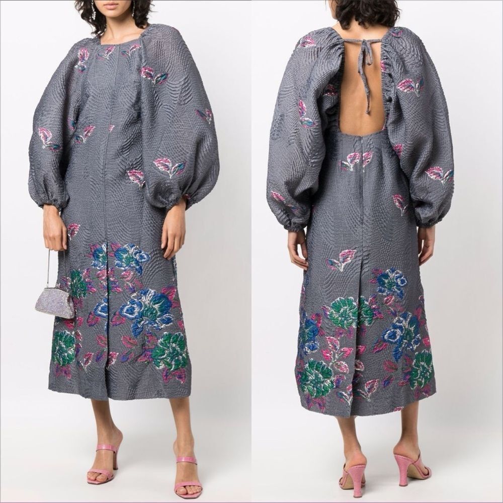 Ganni Gray Floral Midi Dress